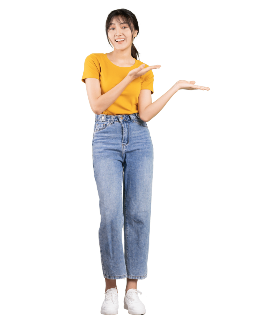 woman in yellow shirt gesturing to the side as if answering a question