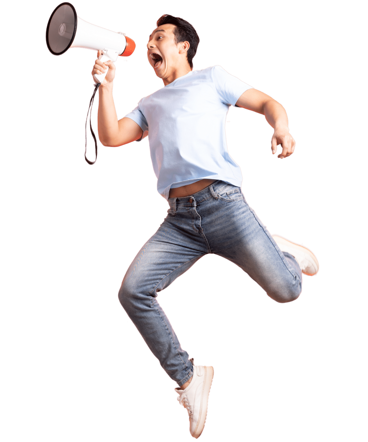 man in white shirt jumping with megaphone in hand