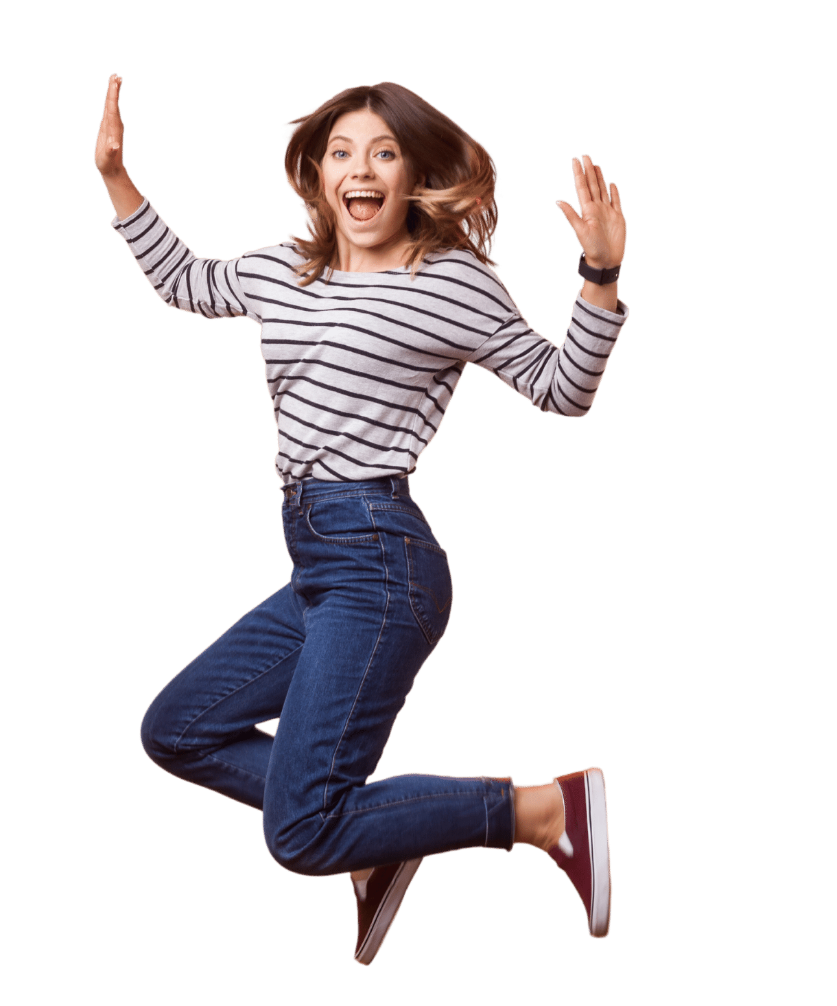 Woman in striped sweater jumping with joy