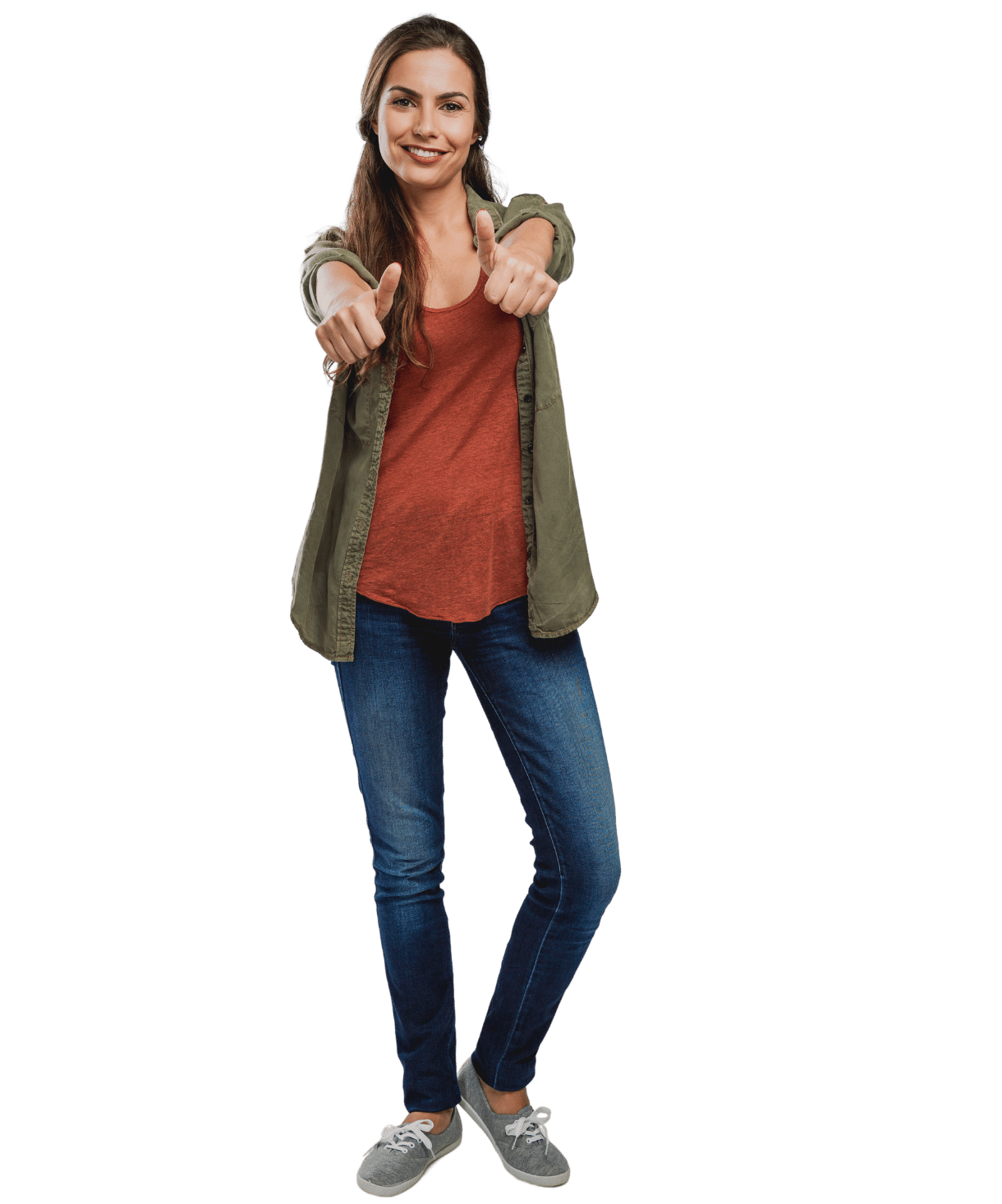 woman in green cardigan and orange shirt giving two thumbs up while smiling