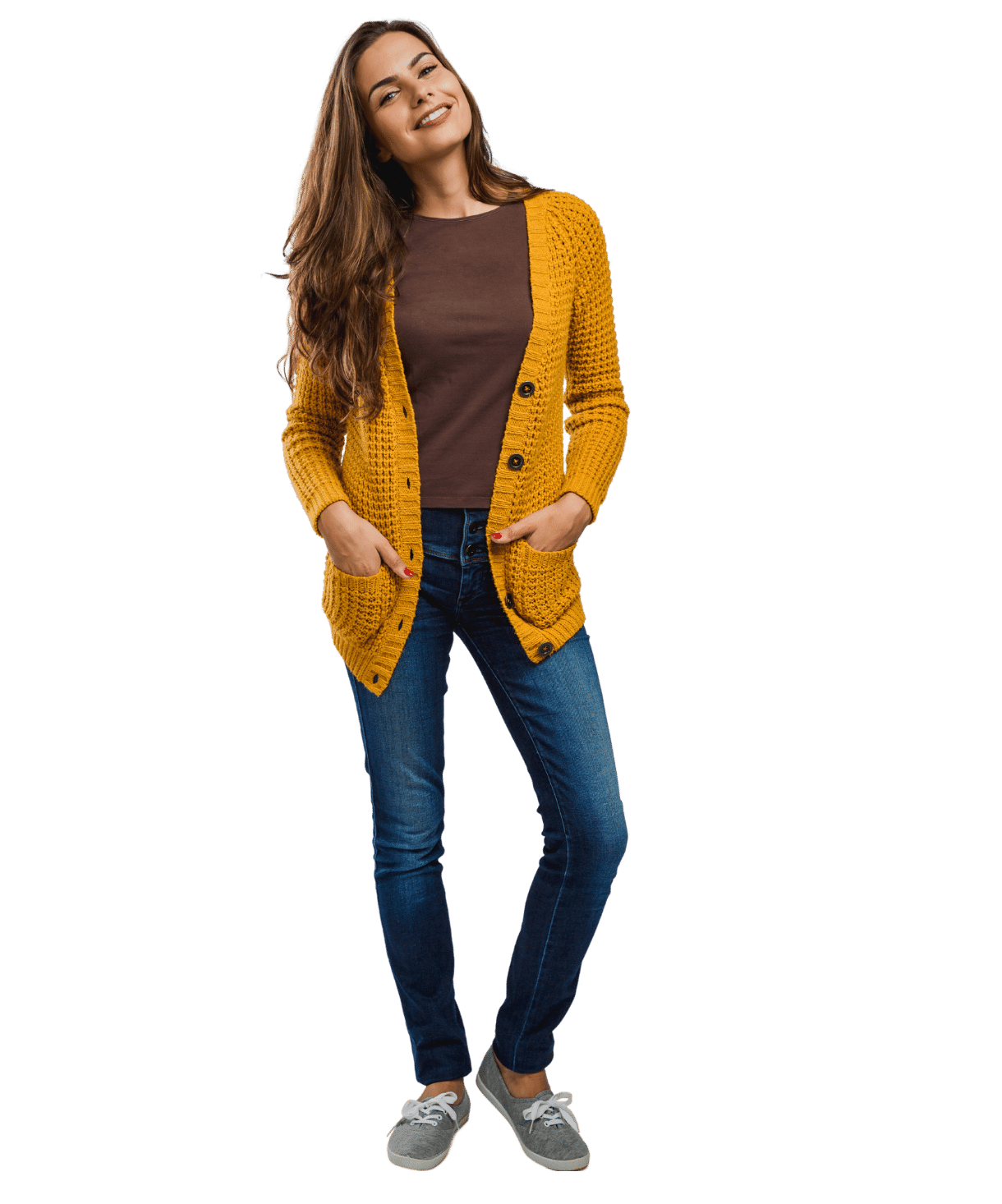 Woman in yellow jacket smiling happily